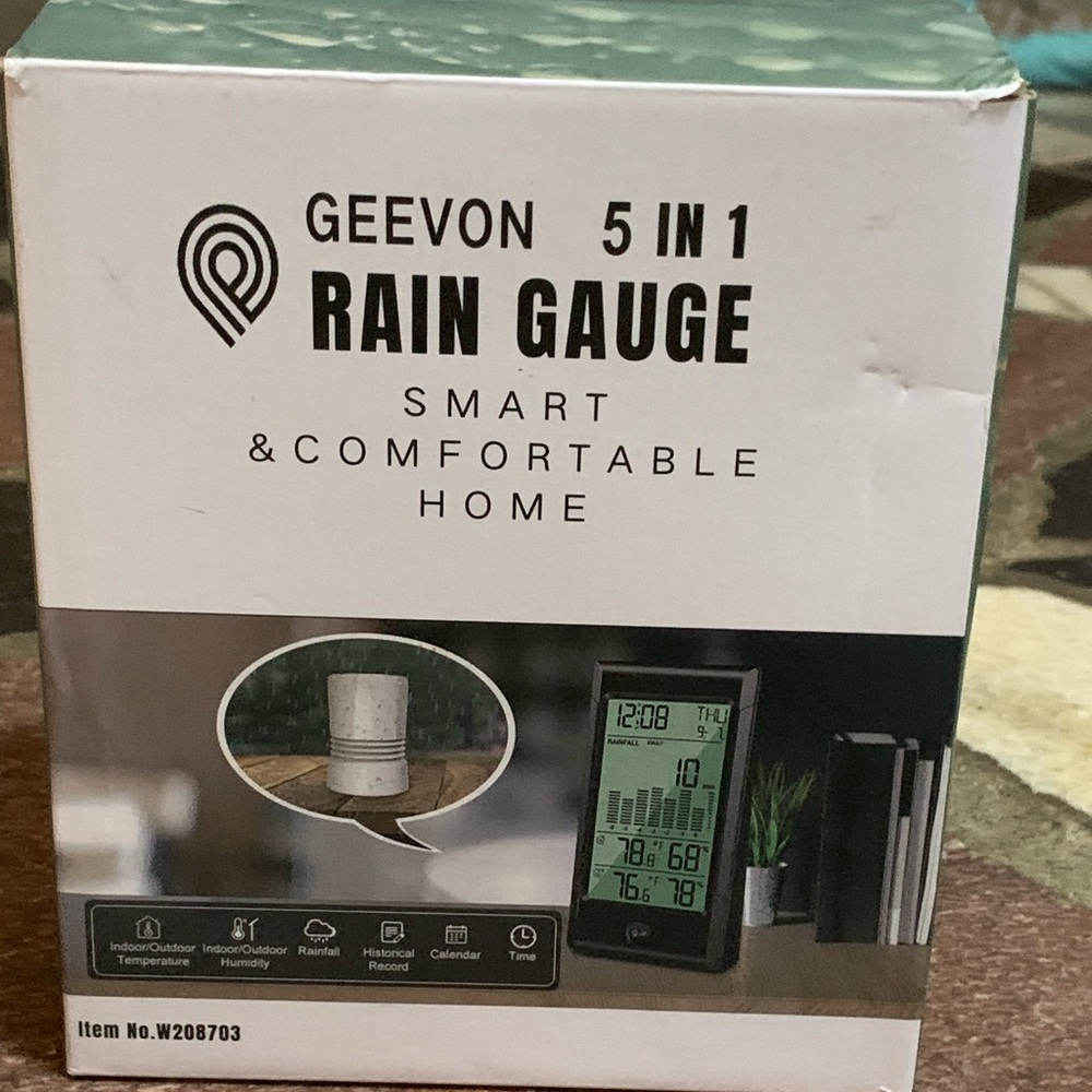 New! GEEVON 5 In 1 Rain Gauge Smart Home Indoor/Outdoor Stats Wireless Temp ETC